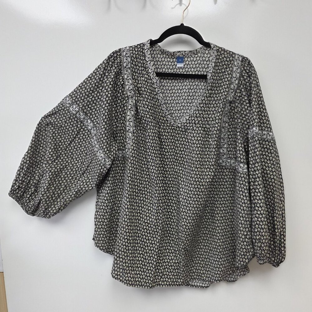 Old Navy Shirt Womens XXL Black Floral V Neck Boho Balloon Sleeve Tunic Top
